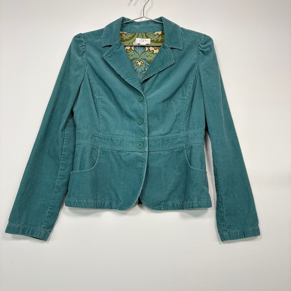 Ann Taylor Loft Women Blazer Size 8 Teal Blue Corduroy Button Front Jacket Y2K